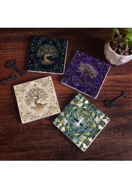 Hayat Ağacı Taş Bardak Altlığı Seti - 4 Parça - Dekoratif, Rustik Mutfak Aksesuarı, 10X10 Cm, Kaydırmaz Tabanlı, Şık ve Dayanıklı SC256