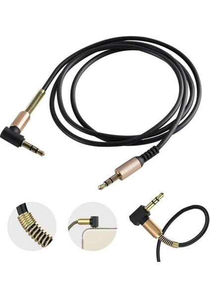 3.5 mm Yay Sarmal Uçlu Aux Kablosu 1 Metre, Ses Kablosu, 100 cm Dik Açılı Stereo Jak Kablosu