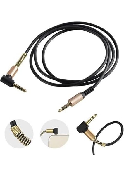 3.5 mm Yay Sarmal Uçlu Aux Kablosu 1 Metre, Ses Kablosu, 100 cm Dik Açılı Stereo Jak Kablosu
