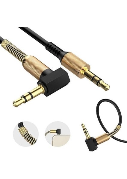 3.5 mm Yay Sarmal Uçlu Aux Kablosu 1 Metre, Ses Kablosu, 100 cm Dik Açılı Stereo Jak Kablosu
