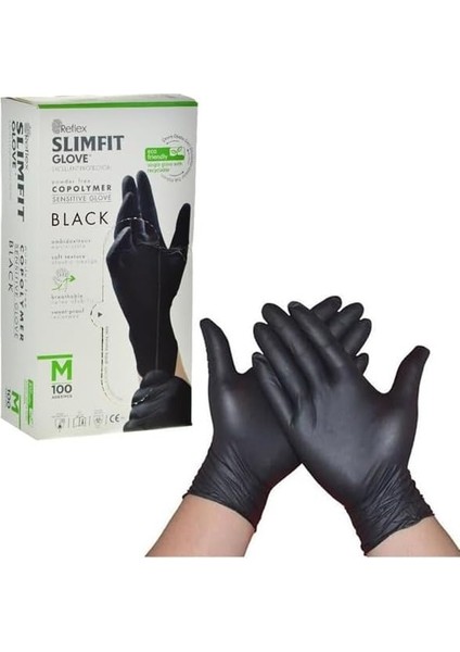 Reflex Slımfıt Glove Pudrasız Tek Kullanımlık Gıdaya Uygun Nesil Teknoloji Siyah M Beden Eldiven 100'LÜ Paket