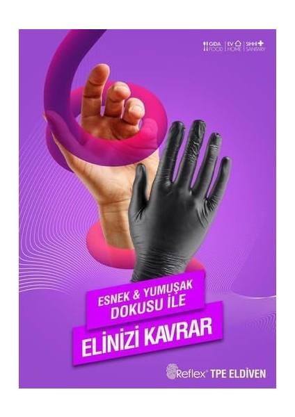 Reflex Slımfıt Glove Pudrasız Tek Kullanımlık Gıdaya Uygun Nesil Teknoloji Siyah M Beden Eldiven 100'LÜ Paket