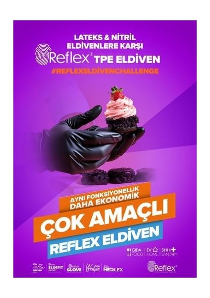 Reflex Slımfıt Glove Pudrasız Tek Kullanımlık Gıdaya Uygun Nesil Teknoloji Siyah M Beden Eldiven 100'LÜ Paket
