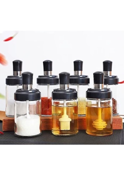Baharatlık Seti, 6'lı, Kendinden Fırçalı ve Kaşıklı, Bal Kavanozu, Siyah Kapaklı Set, 300 ml Baharatlık Kavanoz Ballık Seti