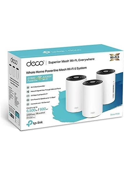 Deco PX50(3-PACK), AX3000 + G1500, 1 Ghz Cpu, Powerline/mesh, Yapay Zeka Desteği, Gigabit Portları, 150 Cihaza Kadar Bağlantı, 600 M² 'ye Kadar Kapsama, Powerline Mesh Wifi 6 Sistemi