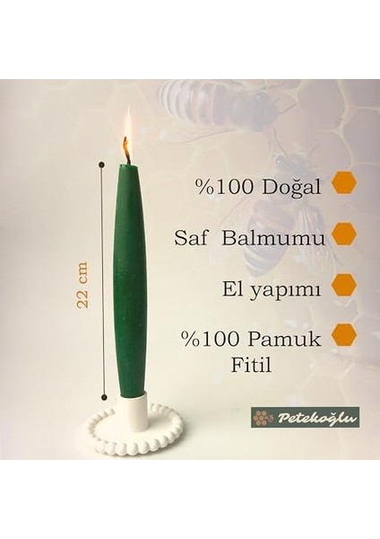 Balmumu Mum (2 Adet) Şamdan Mumu Mermi Formunda Masa Mumu 22 cm Bees Wax (Yeşil)