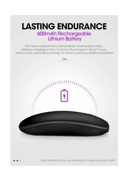 Şarj Edilebilir Kablosuz Bluetooth Fare 2.4g USB Android Windows Tablet Laptop Notebook Pc Için (Siyah)