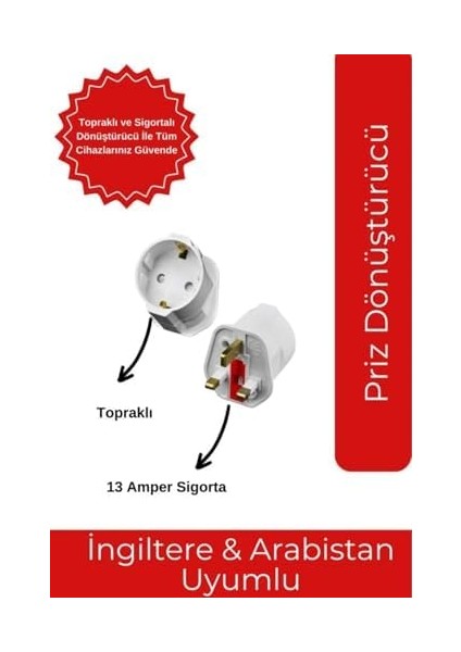 Sigortalı Fiş Çevirici Ingiliz Erkek Türk Dişi Unıversal Priz Dönüştürücü Dubai, Hongkong, Ingiltere Amerika, Umre Fiş Adaptörü