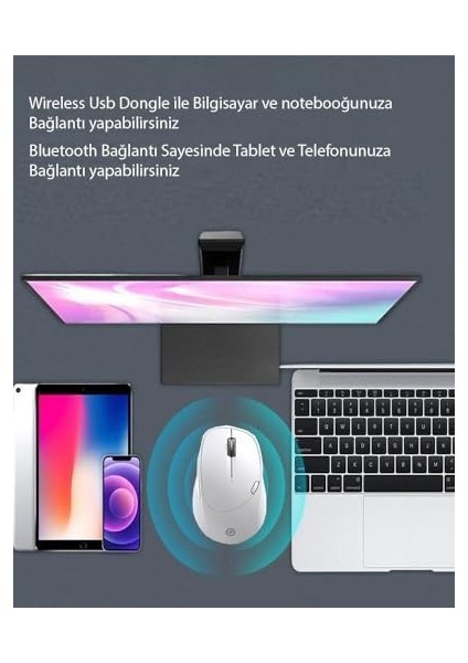 Kablosuz Dual Band Hibrit Bluetooth &wireless Kablosuz Mouse Şarjlı - Beyaz