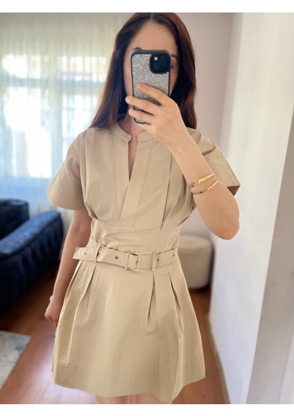 Kadın Bej Premium Kumaş Zr Model Keten Karışımlı Poplin Kemerli Yazlık Elbise