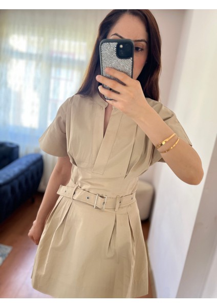 Kadın Bej Premium Kumaş Zr Model Keten Karışımlı Poplin Kemerli Yazlık Elbise