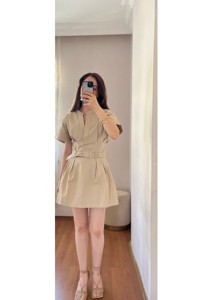 Kadın Bej Premium Kumaş Zr Model Keten Karışımlı Poplin Kemerli Yazlık Elbise