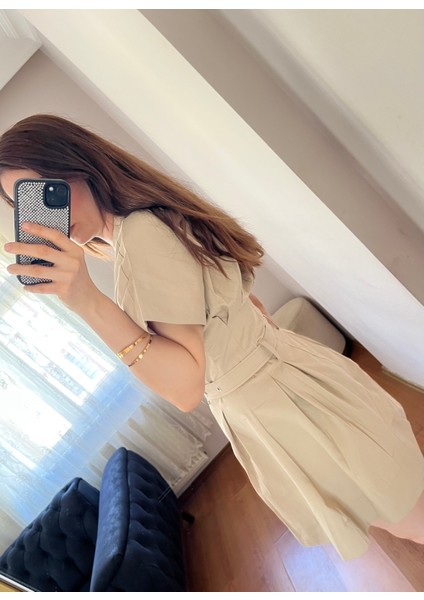 Kadın Bej Premium Kumaş Zr Model Keten Karışımlı Poplin Kemerli Yazlık Elbise