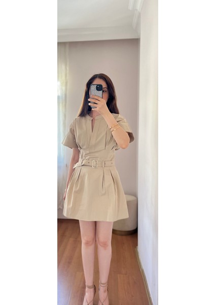Kadın Bej Premium Kumaş Zr Model Keten Karışımlı Poplin Kemerli Yazlık Elbise