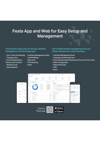 Festa F65, AX3000MBPS, 1 Gigabit Port, Festa Mesh, Kesintisiz Dolaşım, Mu-Mımo, 250 Cihaza Kadar Bağanlantı, Bulut Yönetimi, Poe+ Destekli, Dual-Band Wi-Fi 6 Tavan Tipi Access Point