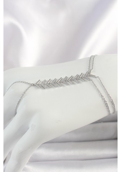 Pirinç Gümüş Renk Zirkon Taşlı V Model Kadın Şahmeran