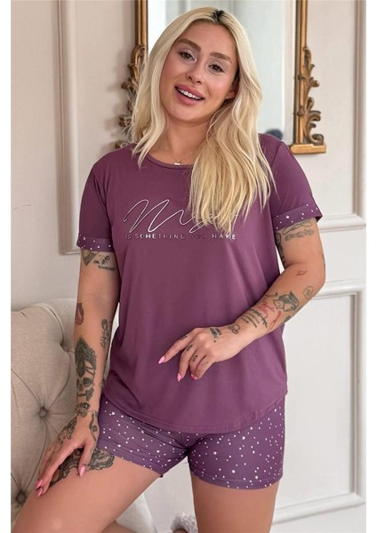 Koyu Pembe Magic Desenli Bambu Kısa Kol Şortlu Kadın Pijama Takımı
