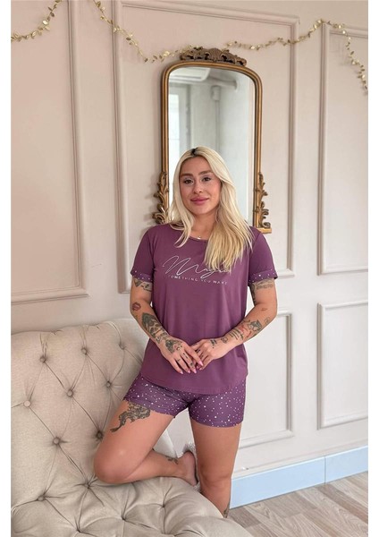 Koyu Pembe Magic Desenli Bambu Kısa Kol Şortlu Kadın Pijama Takımı modelleri