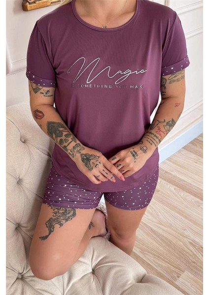 Koyu Pembe Magic Desenli Bambu Kısa Kol Şortlu Kadın Pijama Takımı indirimleri