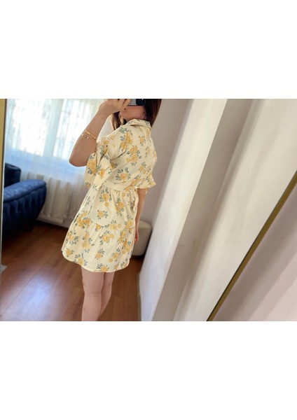 Kadın Sarı Çiçekli Kol Detaylı Kemerli Yazlık Elbise