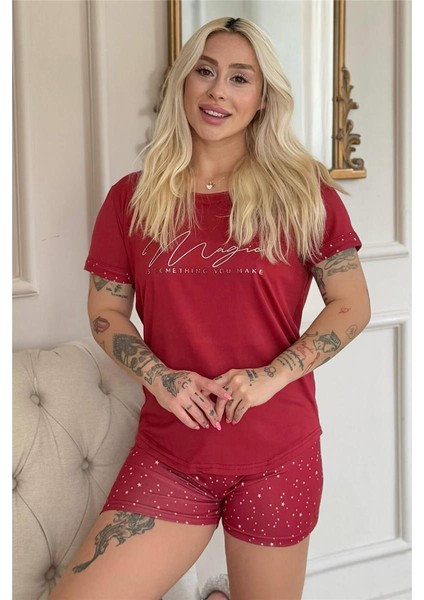 Bordo Magic Desenli Bambu Kısa Kol Şortlu Kadın Pijama Takımı