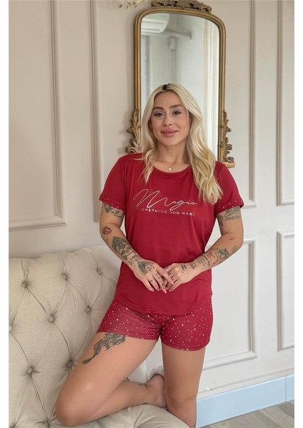 Bordo Magic Desenli Bambu Kısa Kol Şortlu Kadın Pijama Takımı fiyatları