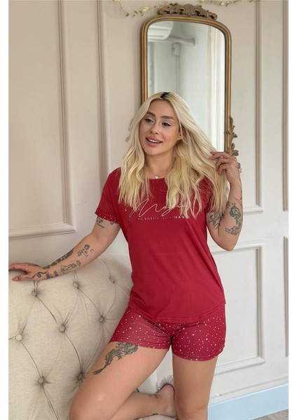 Bordo Magic Desenli Bambu Kısa Kol Şortlu Kadın Pijama Takımı fırsatları