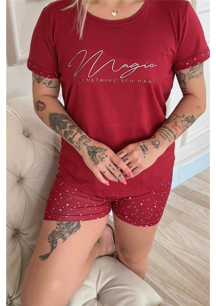 Bordo Magic Desenli Bambu Kısa Kol Şortlu Kadın Pijama Takımı indirimleri