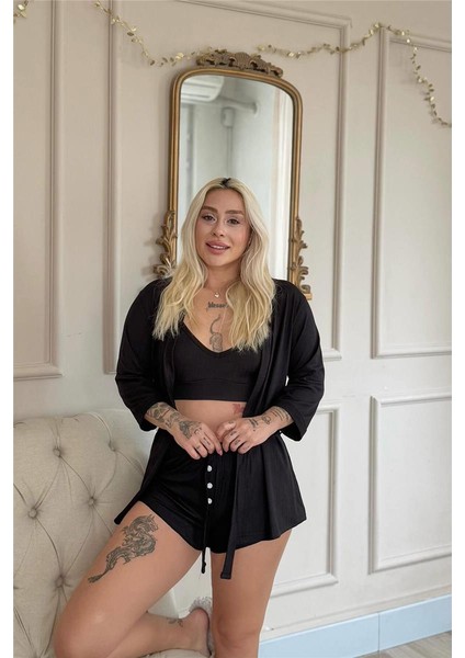 Siyah Dublin Büstiyerli Sabahlıklı Kadın Pijama Takımı fiyatları