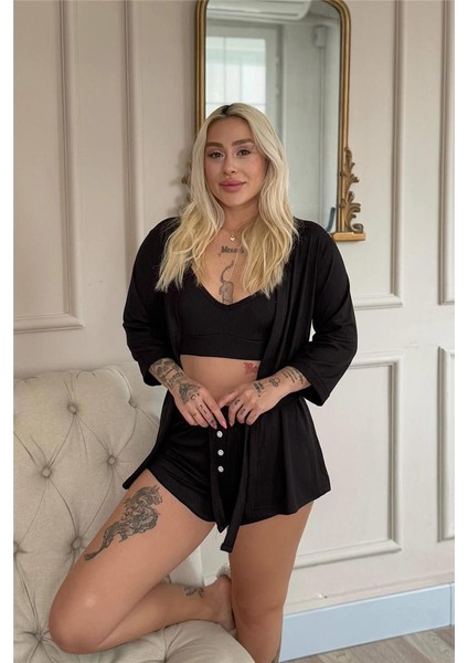 Siyah Dublin Büstiyerli Sabahlıklı Kadın Pijama Takımı modelleri