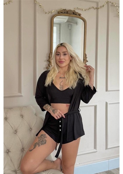 Siyah Dublin Büstiyerli Sabahlıklı Kadın Pijama Takımı fırsatları