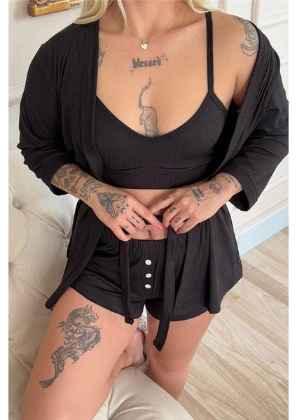 Siyah Dublin Büstiyerli Sabahlıklı Kadın Pijama Takımı indirimleri