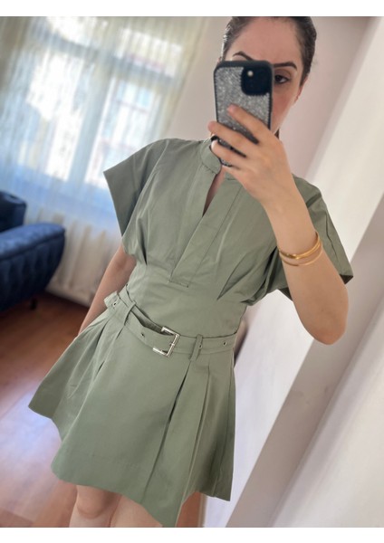 Kadın Mint Yeşili Premium Kumaş Zr Model Keten Karışımlı Poplin Kemerli Yazlık Elbise