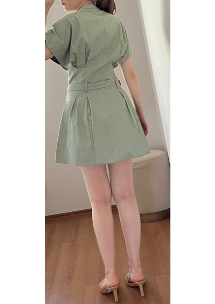 Kadın Mint Yeşili Premium Kumaş Zr Model Keten Karışımlı Poplin Kemerli Yazlık Elbise