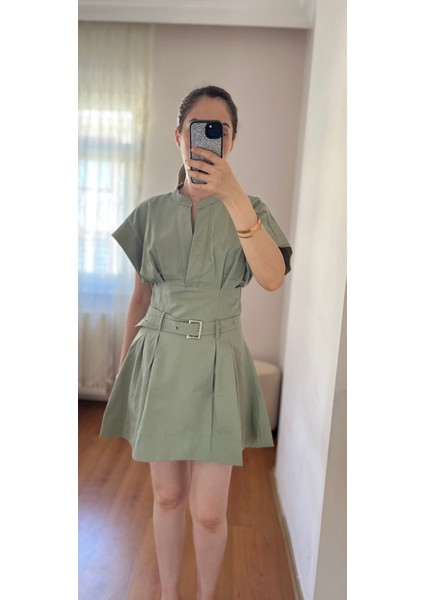 Kadın Mint Yeşili Premium Kumaş Zr Model Keten Karışımlı Poplin Kemerli Yazlık Elbise