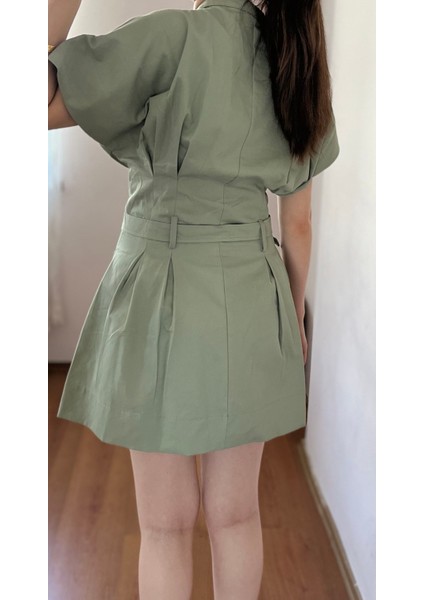 Kadın Mint Yeşili Premium Kumaş Zr Model Keten Karışımlı Poplin Kemerli Yazlık Elbise