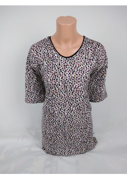 Kadın Siyah Beyaz U Yaka Kısa Kollu Desenli Yırtmaçlı Dokuma Viskon Anne Penye Tişört fiyatları