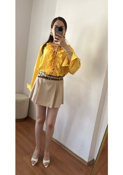 Oversize Yaka Fırfır Bağlama Detaylı Sarı Gömlek