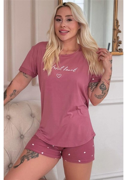 Pudra Grateful Heart Desenli Bambu Kısa Kol Kadın Şortlu Pijama Takımı