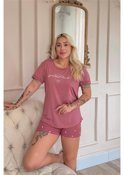 Pudra Grateful Heart Desenli Bambu Kısa Kol Kadın Şortlu Pijama Takımı fiyatları