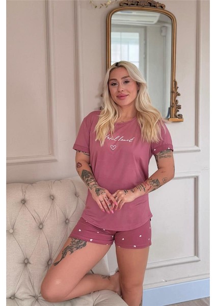 Pudra Grateful Heart Desenli Bambu Kısa Kol Kadın Şortlu Pijama Takımı modelleri
