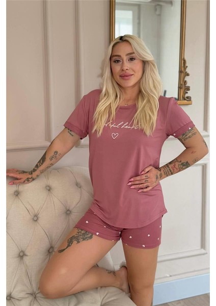 Pudra Grateful Heart Desenli Bambu Kısa Kol Kadın Şortlu Pijama Takımı fırsatları