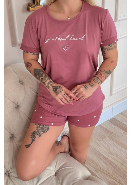 Pudra Grateful Heart Desenli Bambu Kısa Kol Kadın Şortlu Pijama Takımı indirimleri