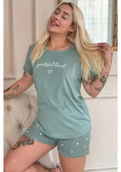 Yeşil Grateful Heart Desenli Bambu Kısa Kol Kadın Şortlu Pijama Takımı