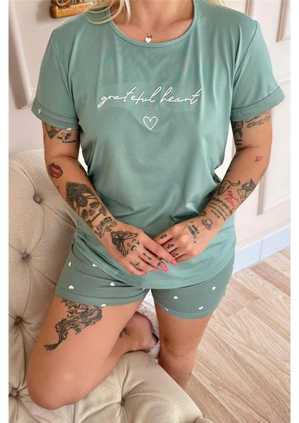Yeşil Grateful Heart Desenli Bambu Kısa Kol Kadın Şortlu Pijama Takımı indirimleri