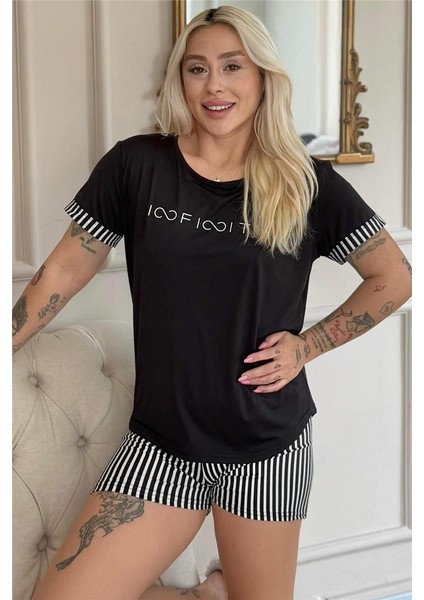 Siyah Infinity Desenli Bambu Kısa Kol Şortlu Kadın Pijama Takımı