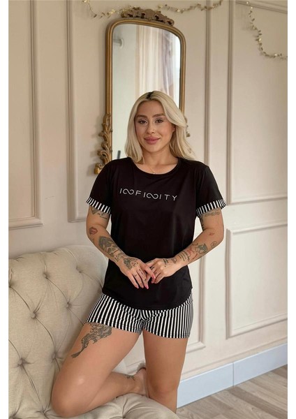 Siyah Infinity Desenli Bambu Kısa Kol Şortlu Kadın Pijama Takımı fiyatları