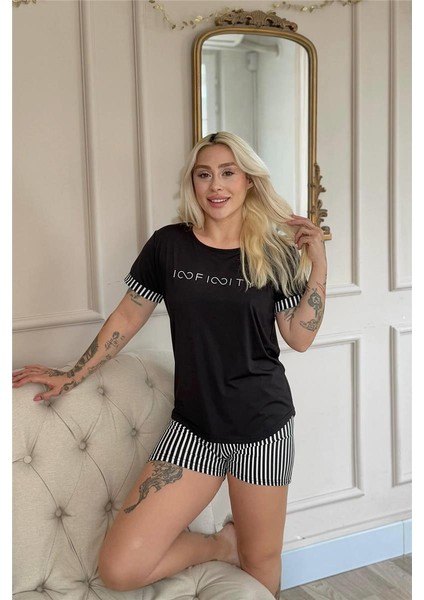 Siyah Infinity Desenli Bambu Kısa Kol Şortlu Kadın Pijama Takımı modelleri
