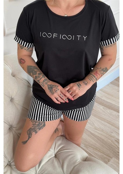 Siyah Infinity Desenli Bambu Kısa Kol Şortlu Kadın Pijama Takımı indirimleri