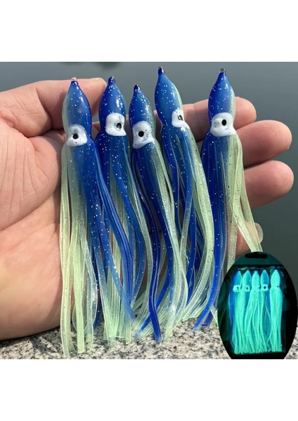 Silikon Ahtapot UV Neon Mavi Yapay Yem Olta Takımı, Çapari, Jig Yapım Malzemesi 9 cm 5 Adet